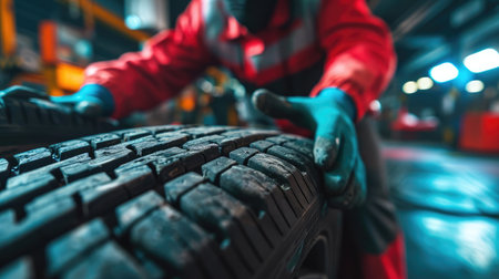 Auto mechanic working in auto repair shop. Selective focus on tireの素材