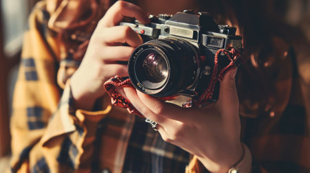Close-up of a girl's hands holding a rear camera.の素材
