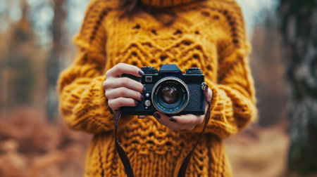 A girl in a yellow sweater holds an old camera in her hands.の素材