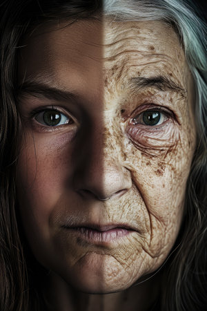 Portrait of an elderly woman with wrinkles on her face. Toned.の素材
