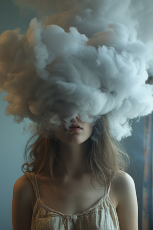 Beautiful young woman with smoke in her hair. Smoke cloud.の素材