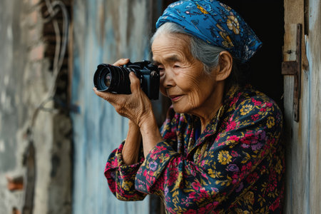 Old asian woman take a picture with vintage camera in old houseの素材