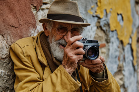 Portrait of an elderly man in a hat and coat with a camera in his hands.の素材