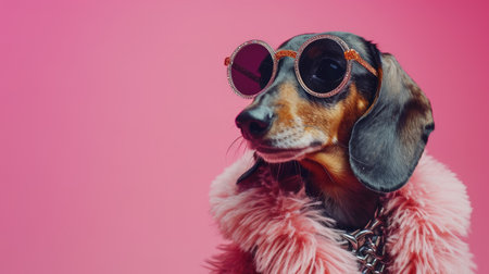 Dachshund dog in pink fur coat and sunglasses on pink backgroundの素材