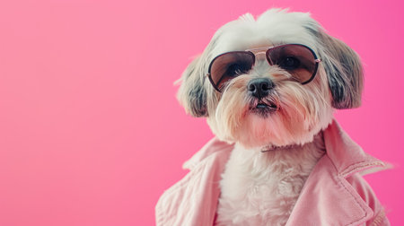 Cute Shih Tzu dog in pink coat and sunglasses on pink backgroundの素材