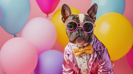 french bulldog in sunglasses and bow tie with balloons on pink backgroundの素材