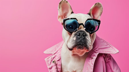 cool french bulldog wearing sunglasses and pink jacket on a pink backgroundの素材
