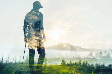 Silhouette of a man with nordic walking stick against misty landscapeの素材