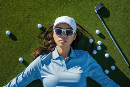 young beautiful woman playing golf on the golf course, view from aboveの素材