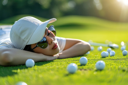 Golfer woman lying on the green grass with golf balls.の素材