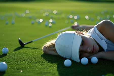 Golfer girl lying on the green grass with ball and golf clubの素材