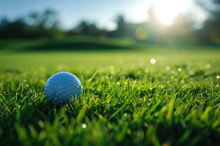 Golf ball on green grass with sunshine background. Golf ball on golf courseの素材