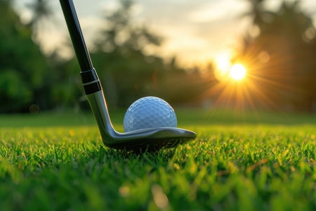 Golf ball and golf club on green grass with sunset background.の素材