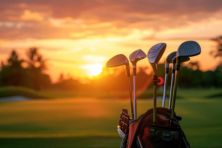 golf clubs and bag on golf course at beautiful sunset background.の素材