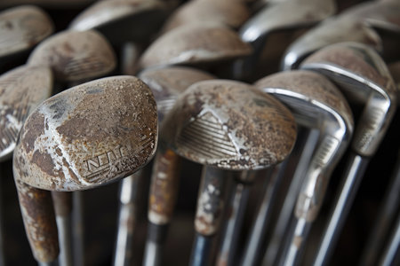 Golf clubs in a row, close-up, selective focusの素材