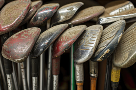Golf clubs in a shop, close-up, selective focusの素材