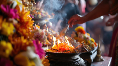 Beautiful flowers and candle burning in a religious ceremony in India.の素材