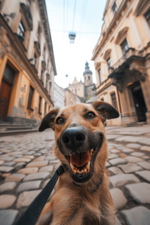 Funny dog on the street of the old town in Lviv, Ukraineの素材
