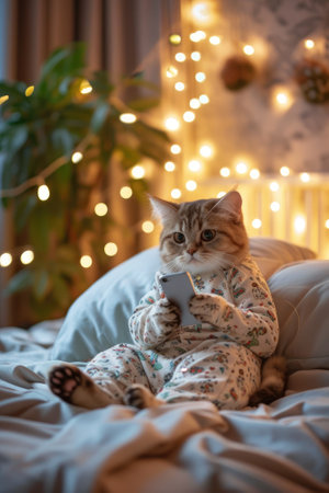 Cute ginger cat in pajamas with smartphone in bed at homeの素材