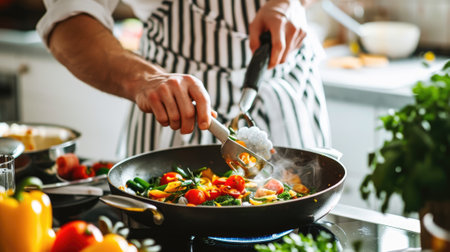 Chef cooking in the kitchen at home. Healthy Food. Cooking Concept.の素材