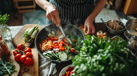 Young woman cooking vegetable salad in the kitchen. Healthy food concept.の素材