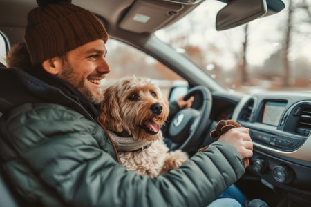 Young man with his dog is sitting in the car and smiling.の素材