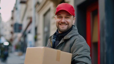 delivery man in cap holding box and smiling at camera on city streetの素材