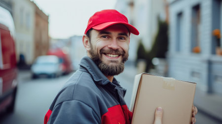 Portrait of a delivery man in a red cap holding a boxの素材