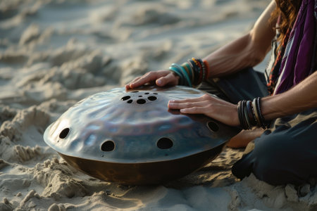 musical instrument on the beach, close-up of hands and drumの素材