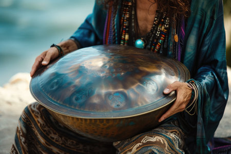 Close up of a woman playing a Tibetan singing bowl on the beachの素材