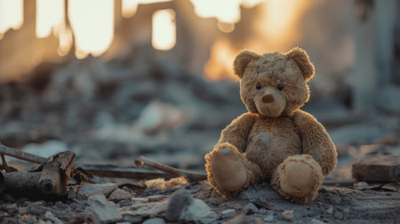 Teddy bear sitting on the ruins of an old house. Selective focus.の素材
