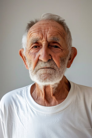 Portrait of an old man with gray hair and white t-shirtの素材