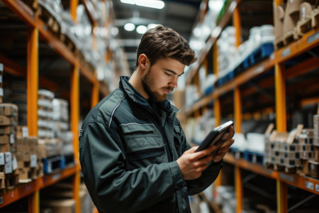 Side view of young Caucasian male worker using digital tablet while standing in warehouseの素材