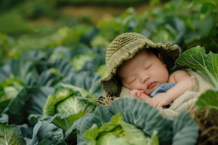 Cute baby boy sleeping in cabbage field, selective focus and vintage toneの素材