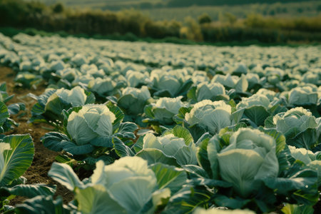 Cabbage field in the morning light, closeup of photo.の素材
