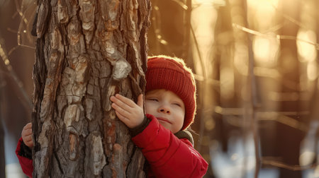Cute little boy in red jacket and hat hiding behind tree in winter forestの素材