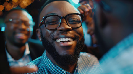 Cheerful african american man with glasses looking at camera in nightclubの素材