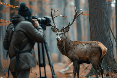 Male photographer taking picture of wild deer stag in forest, autumn seasonの素材