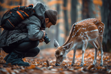 Young male photographer taking a photo of a deer in the autumn forestの素材