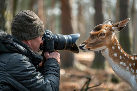 Photographer taking a picture of a fallow deer in the forestの素材