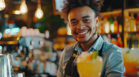 Portrait of handsome african american bartender standing at bar counter and smilingの素材