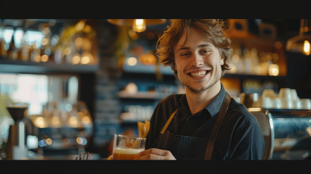 Portrait of smiling male barista in apron looking at camera and holding glass of tasty cocktail in cafeの素材
