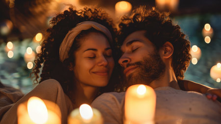Romantic couple with candles in swimming pool at night. Young man and woman embracing each other.の素材