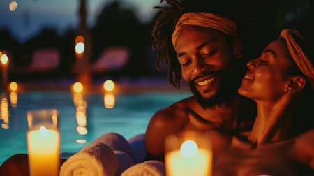 African american man and woman relaxing in a swimming pool at nightの素材