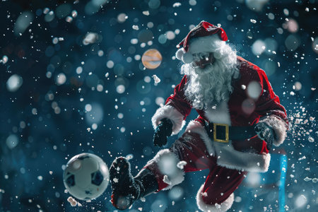 Santa Claus playing soccer on dark background. Christmas and New Year conceptの素材