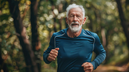 Portrait of senior man running in forest. Elderly man jogging outdoors.の素材