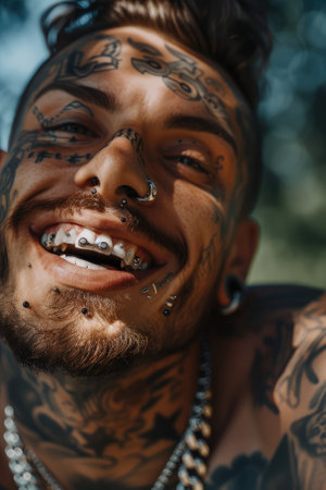 Close-up portrait of a young man with tattoos on his body.の素材