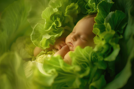 Cute newborn baby sleeping in a green cabbage. Healthy baby concept.の素材
