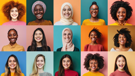Collage of diverse women smiling and looking at camera isolated over colorful backgroundの素材
