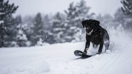 A black labrador retriever rides a snowboard in the snow.の素材
